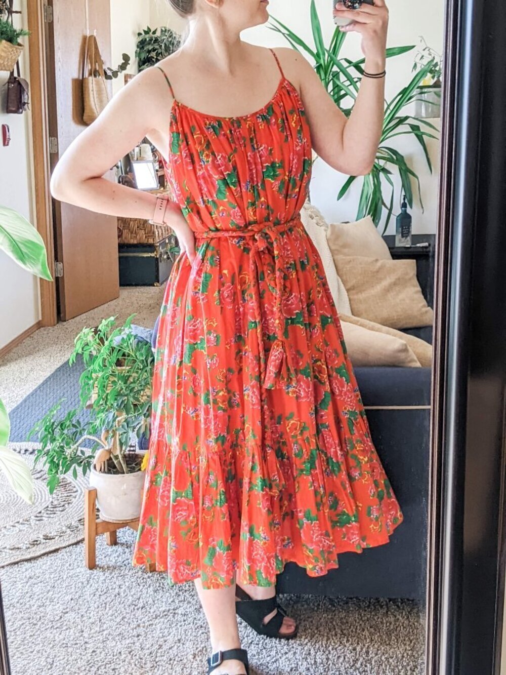 Rhode Lea Tea Length Bouquet Red Floral Midi Belted Dress Size XS